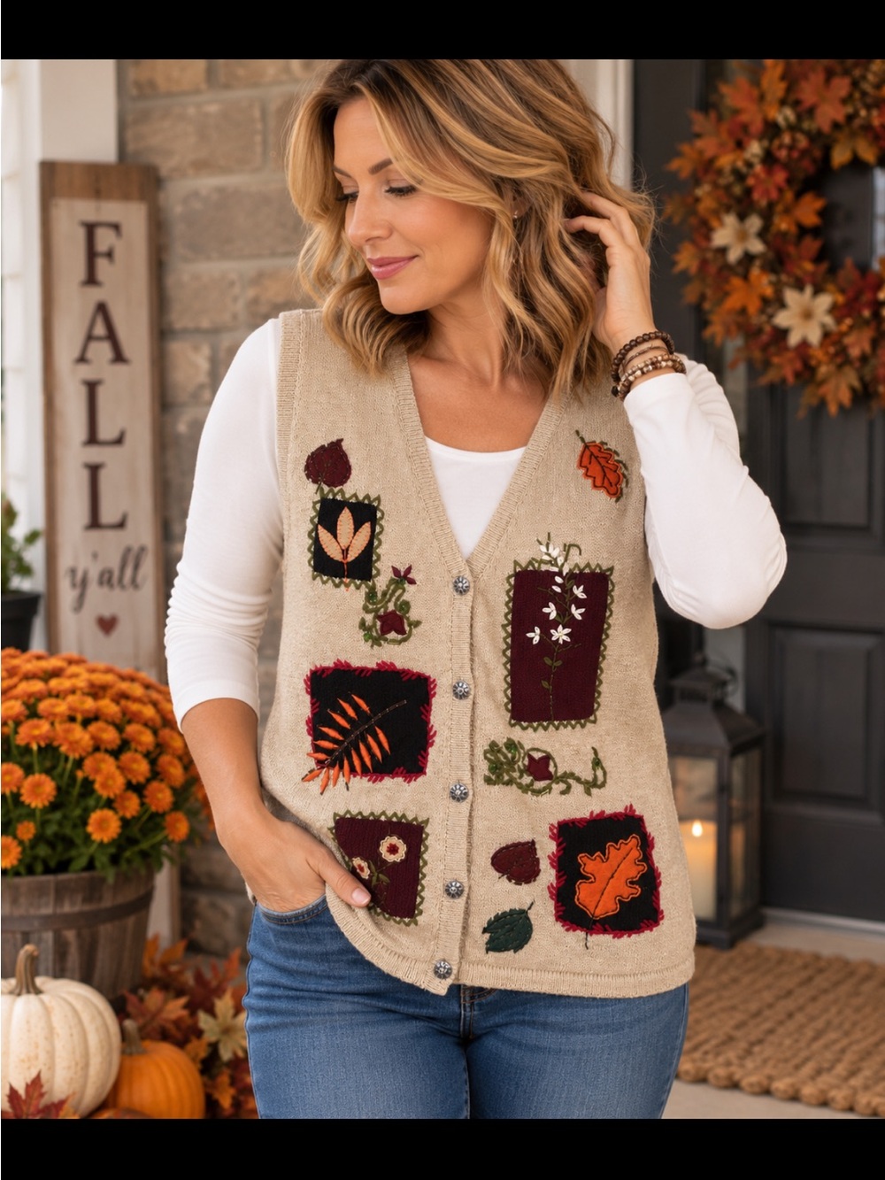 Bobbie Brooks XL Fall Embroidered Applique Sweater Vest Cottagecore